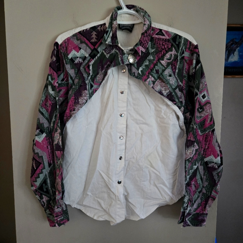 Vintage Roughrider Rodeo Button Up Shirt Multicolor Patterned Shirt Medium